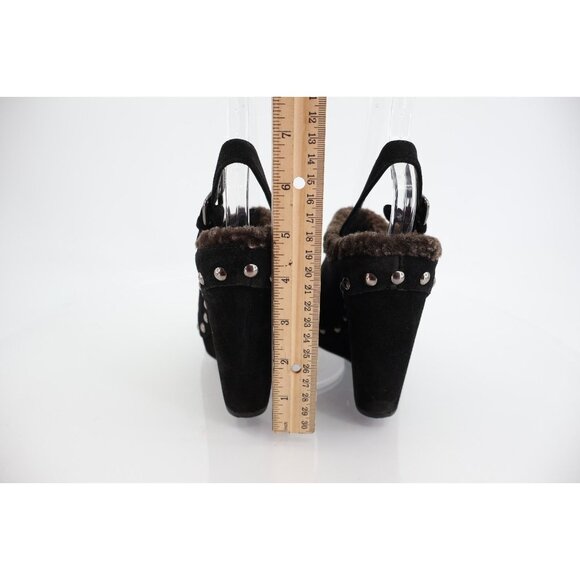 Stuart Weitzman Clogger Mules Women's Size 5.5 Black Wedge Platform Suede Fur - Picture 6 of 12